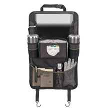 Back seat organizer with two cup holders and front pockets, open top