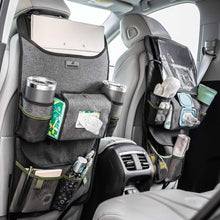 Car back seat organizer with front storage pockets and two cup holders, hanging over seat