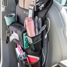 Car back seat organizer with mesh side pocket and phone-sized pouches, green trim