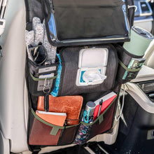 Car back seat organizer with front pouches and wipes compartment, hanging on car seat