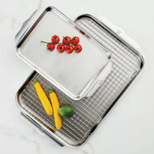 Bakeware set with flat pan and wire rack, shown stacked