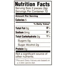 Sugar-free gum nutrition facts panel: 2 pieces, 5 calories