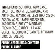 Sugar-free gum ingredients and warnings label, contains phenylalanine