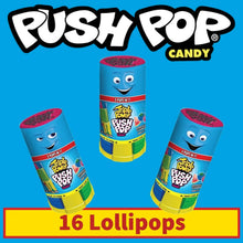 Push Pop candy pack showing three yellow tubes labeled 16 lollipops