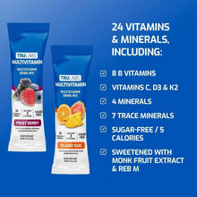 TruLabs multivitamin drink mix stick packs showing 24 vitamins and sugar-free claim