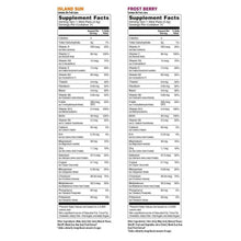 TruLabs multivitamin drink mix supplement facts panel for Island Sun and Frost Berry
