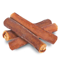 Collagen bully roll dog chews, brown twisted rolls with curled ends