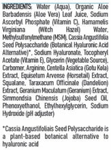 Ingredients list for facial serum on a white background, starting with Water (Aqua)