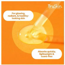 TruSkin vitamin C serum graphic with droplet and text bubbles on orange background