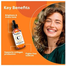 TruSkin vitamin C facial serum bottle beside smiling person on product benefits panel