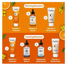TruSkin vitamin C morning and evening routine chart with serum and cleanser bottles