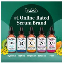 Set of TruSkin serum bottles with “#1 Online-Rated Serum Brand” headline and labels