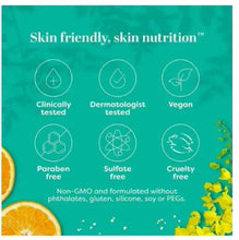 Skin-nutrition label graphic with icons: clinically tested, dermatology tested, vegan