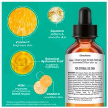 Vitamin C facial serum bottle illustration with squalane, botanical hyaluronic acid, and MSM