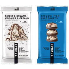 Protein bar wrappers: sweet & dreamy on white, cocoa for coconuts on blue