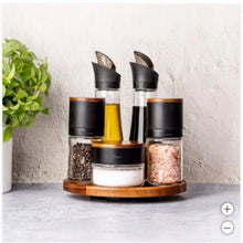 6-piece lazy susan seasoning station with glass spice jars and black lids