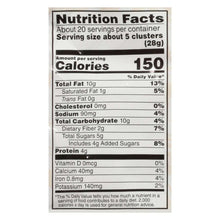 Nutrition Facts panel for almond pecan crunch, serving size 28 g and 150 calories