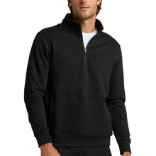 Men's black fleece half-zip pullover with half zipper and front pocket.