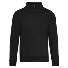 Men's black fleece half-zip pullover with high neck and center quarter zipper.
