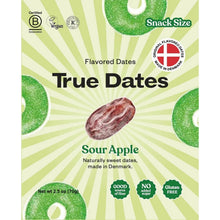 Snack-size flavored dates pouch in Sour Apple flavor, front label with badges