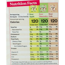 Nutrition facts panel for sour flavors, listing calories and nutrient breakdown