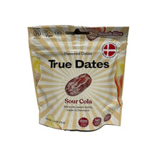 Snack-size flavored dates pouch in Sour Cola flavor, tan-striped design