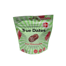 Snack-size flavored dates pouch in Sour Watermelon flavor, green-striped design