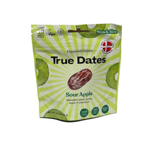 Snack-size flavored dates pouch in Sour Apple flavor, green-striped design