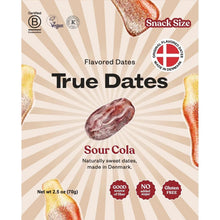 Snack-size flavored dates pouch in Sour Cola flavor, front label with badges