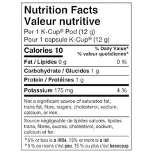Nutrition facts panel for a K-Cup pod, calories and macronutrients listed