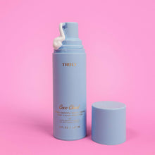Shave cream canister with pump topper, light blue with white dollop