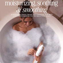 Hydrating shave cream bottle held during bath shaving