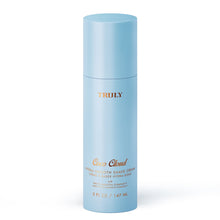 Shave cream canister, tall light blue cylinder with gold TRULY logo
