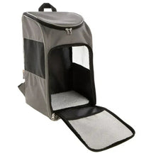 Gray pet travel backpack with front mesh window and zipper openings