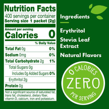 Sweetener nutrition facts panel showing 0 calories and ingredients list