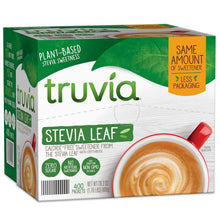 Sweetener packets box with green-and-white front and zero calories badge