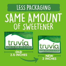Sweetener packaging graphic comparing old and new packet sizes