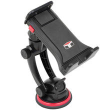 Black phone holder with suction cup dash mount, red lock button and clamp arms