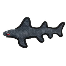 Shark plush dog toy, full-body side view, dark blue-gray with red mouth.
