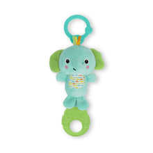 Clip-on elephant plush toy with teal face, green ears, and fabric activity panel