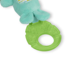 Green clip ring attachment for teal elephant plush activity toy