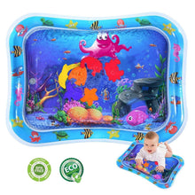 Inflatable water tummy time mat by BUSATIA, blue border with purple ocean animals and octopus