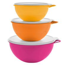 Stacked orange and purple Thatsa bowls with grey lids