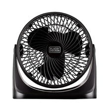 Black+Decker 7-inch turbo desk fan with black grille and circular stand