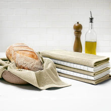 Turkish cotton kitchen towel set in beige with striped accents, folded.