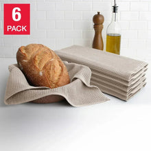 Kitchen towel set with textured weave, beige, folded stack and draped towel (6-pack).