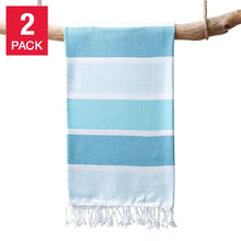 Caribbean stripe peshtemal towel set, light blue and white stripes with fringed ends