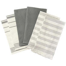 Turkish utility kitchen towel set, dark gray solids and white striped with fringe