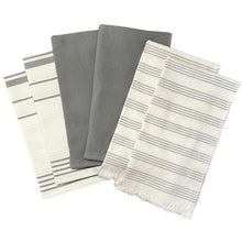 Turkish utility kitchen towel set, dark gray and striped, fringed edges (6-piece)