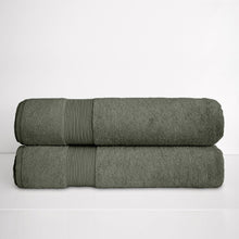 Dark grey Turkish towel set with two bath sheets folded and ribbed trim bands